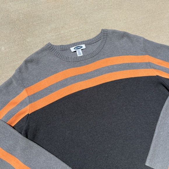Mens vintage y2k 90s old navy grey orange striped chunky crewneck sweater skater - Picture 4 of 5